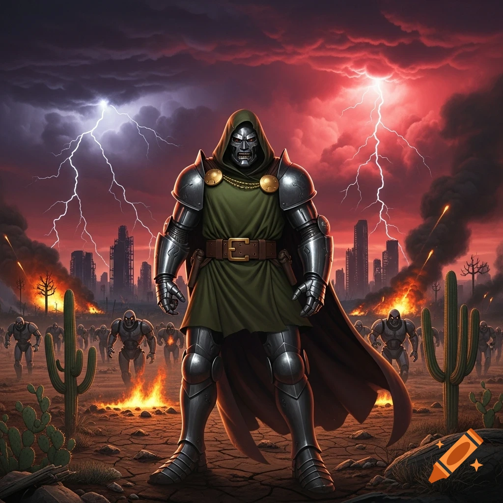 Doctor Doom in armor leads an army of robots through a fiery desert wasteland with a destroyed city under a lightning-filled red sky.
