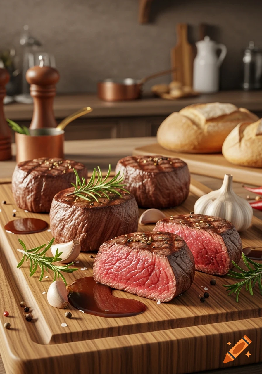 Photorealistic cooked steaks, some sliced medium-rare, with rosemary, garlic, and sauce on a wooden cutting board in a kitchen.