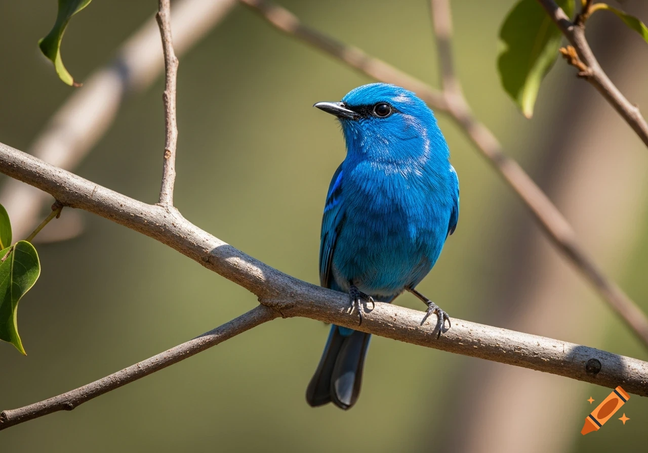 A vibrant blue bird with detailed feathers perched on a tree branch ...