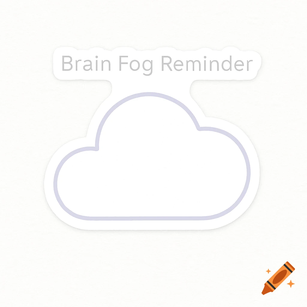 A minimalist digital sticker with a pale lavender cloud outline and light gray text that reads 'Brain Fog Reminder'.