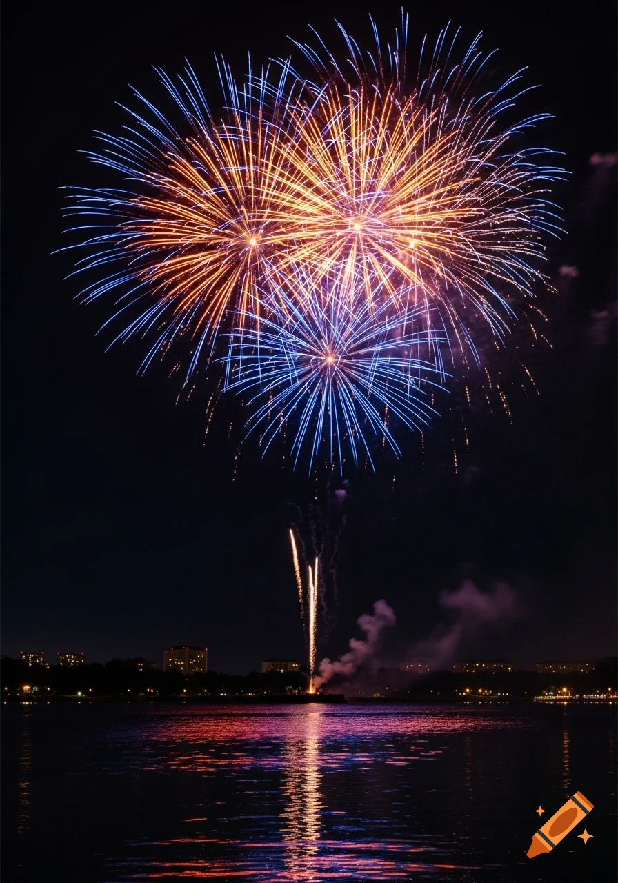 Bright orange and blue fireworks explode over a dark lake reflecting the lights of a distant city skyline at night.