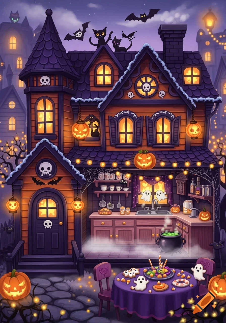 A cartoon haunted house decorated for Halloween at night, with glowing jack-o'-lanterns, bats, cats, ghosts, and an outdoor table with treats.