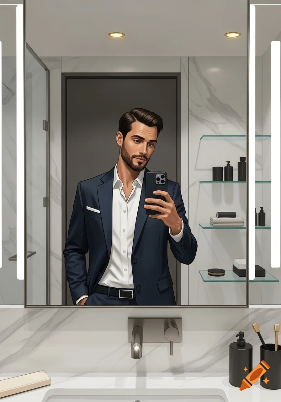 A stylish man in a suit takes a selfie in a modern bathroom.