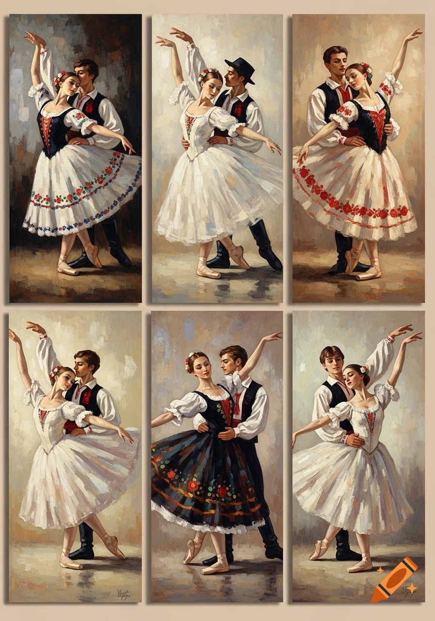 Six impressionistic oil paintings of male and female ballet dancers in traditional costumes, performing elegant poses.