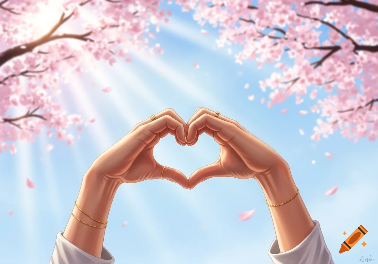 Two hands form a heart shape against a sunny blue sky framed by pink cherry blossoms in a digital art style.