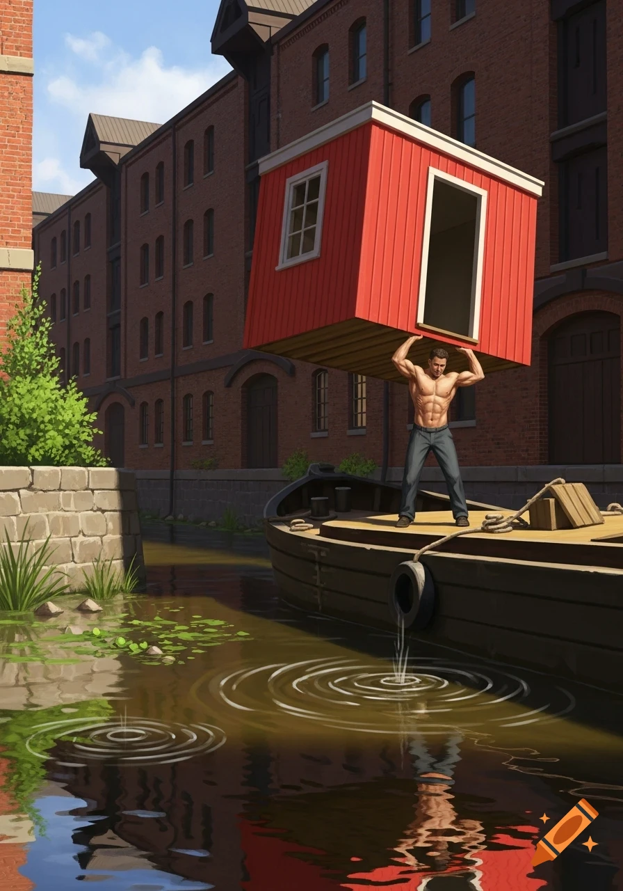 A muscular shirtless man lifts a red shed onto a barge in a canal flanked by brick buildings.