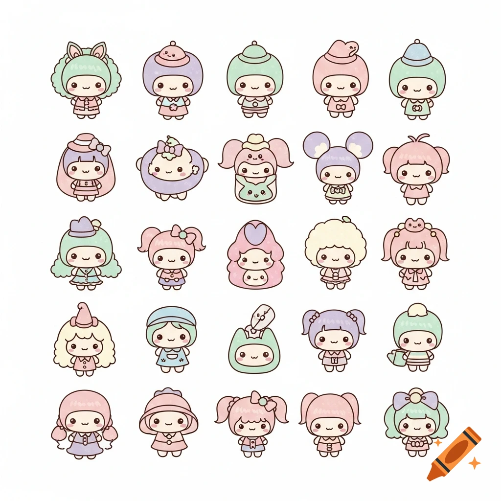 A grid of pastel kawaii chibi characters with various hairstyles and outfits on a white background.