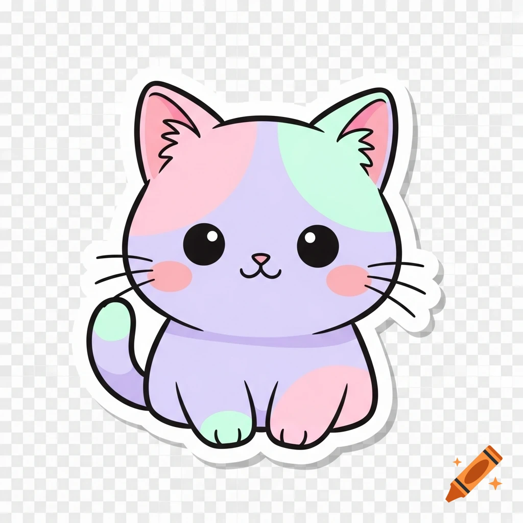 A cute kawaii cartoon cat sticker with pastel pink, purple, and mint green patches, bold black outlines, and a transparent background.