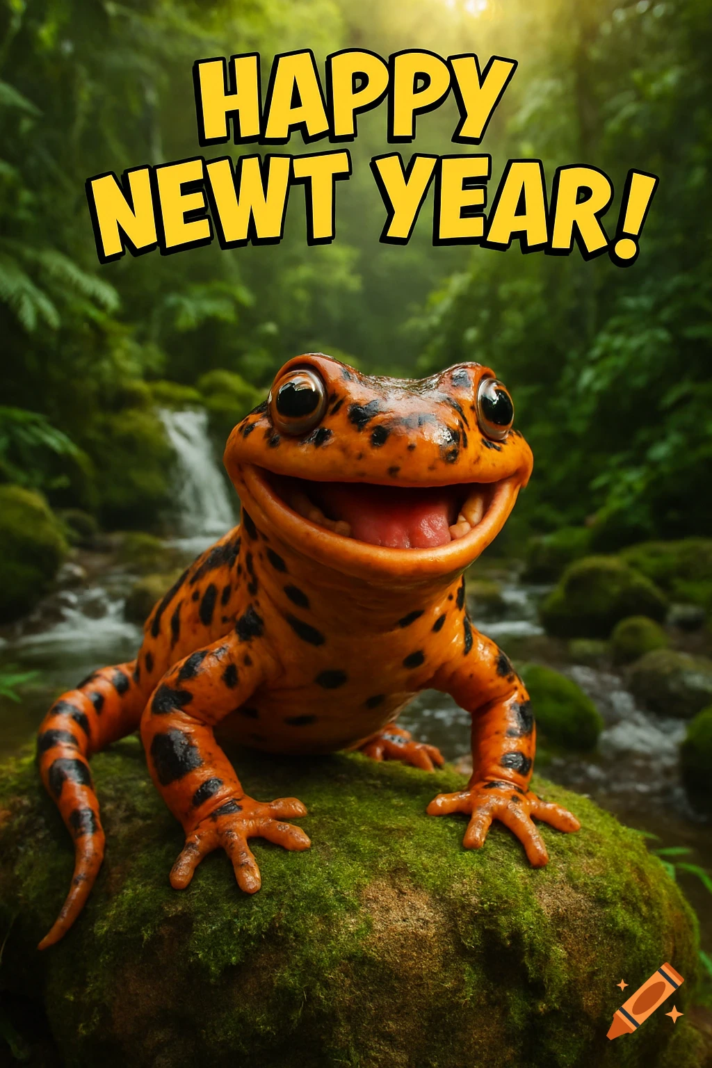 A happy, photorealistic orange newt with black spots grins on a mossy rock in a lush green forest. Text above reads 'HAPPY NEWT YEAR!'