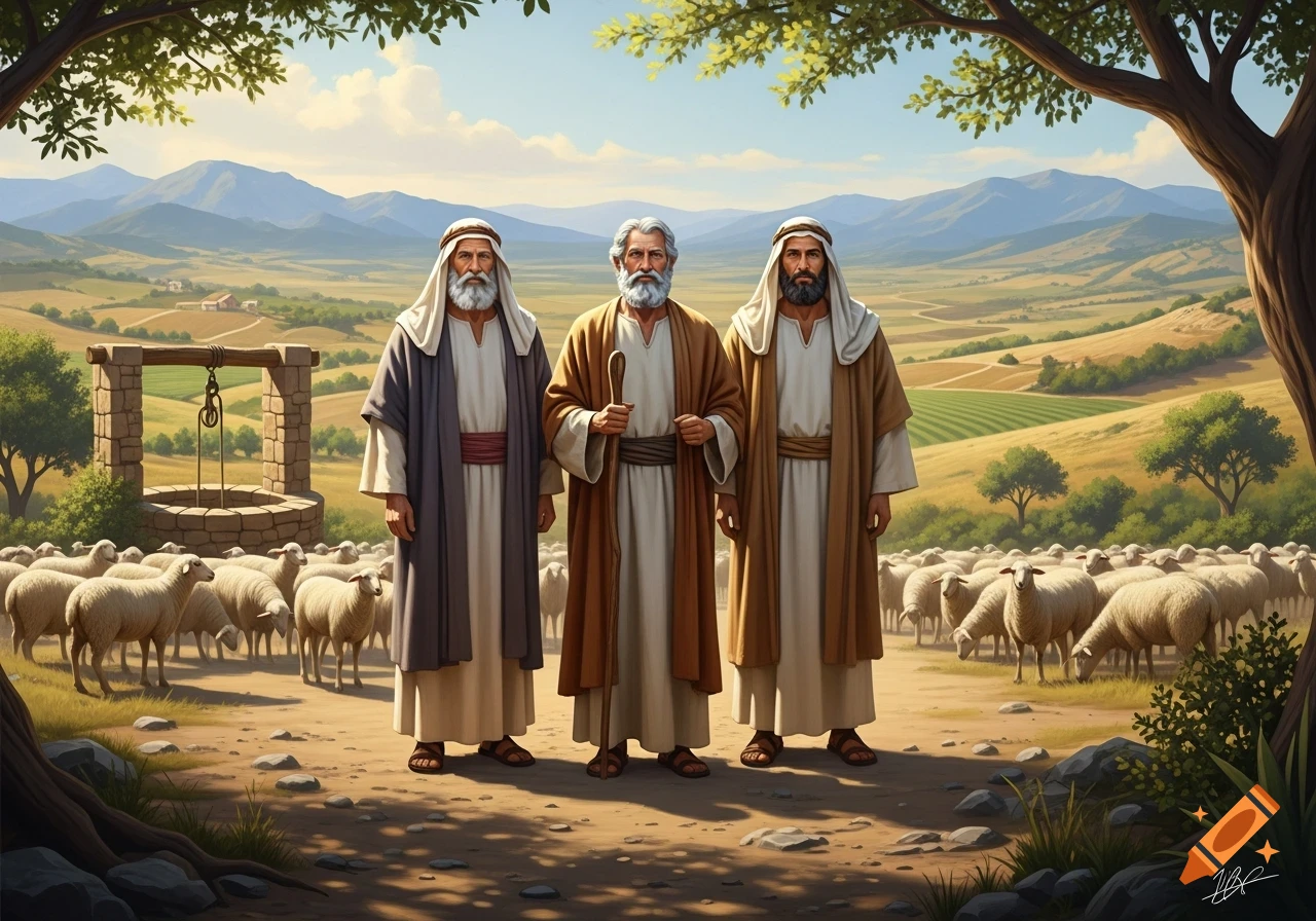 Three robed, bearded men stand with a flock of sheep and a well in a sunny, green valley with mountains, digital painting.