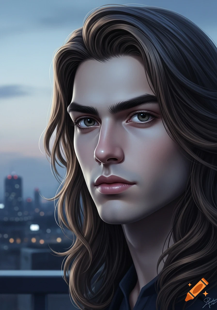 Stylized portrait of a young man with long brown hair and green eyes ...