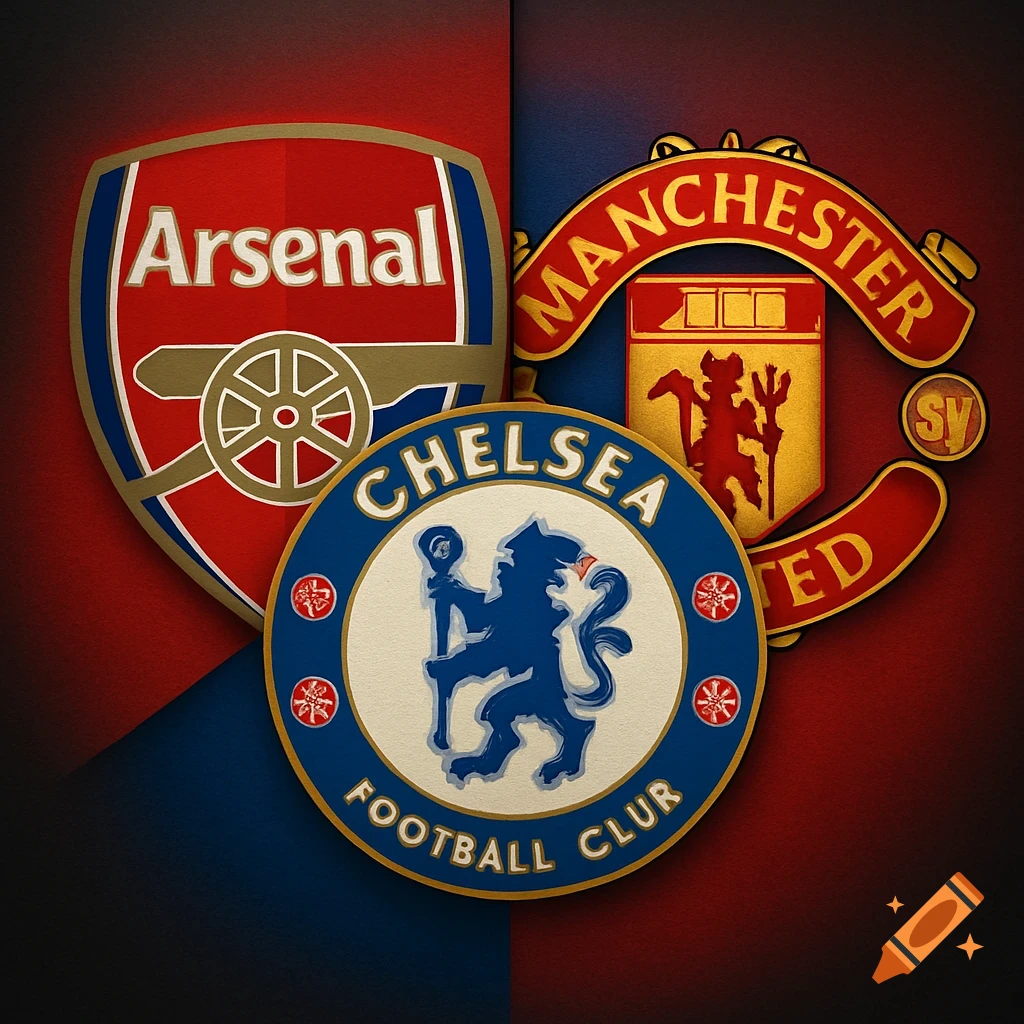 A composite image of the Arsenal, Chelsea, and Manchester United football club logos overlaid on a red and blue textured background.