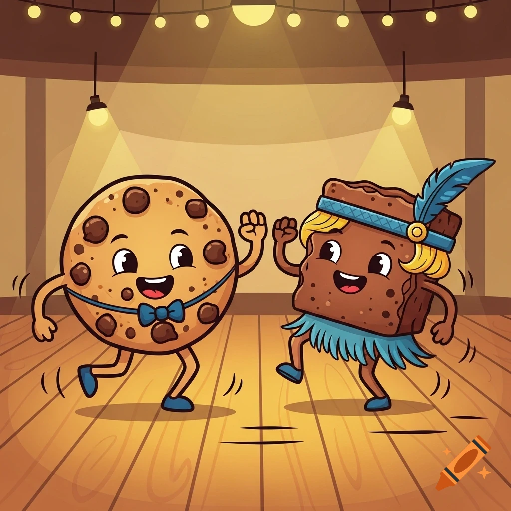 A cute cartoon chocolate chip cookie and a brownie dancing the Charleston on a wooden floor in a vintage dance hall.