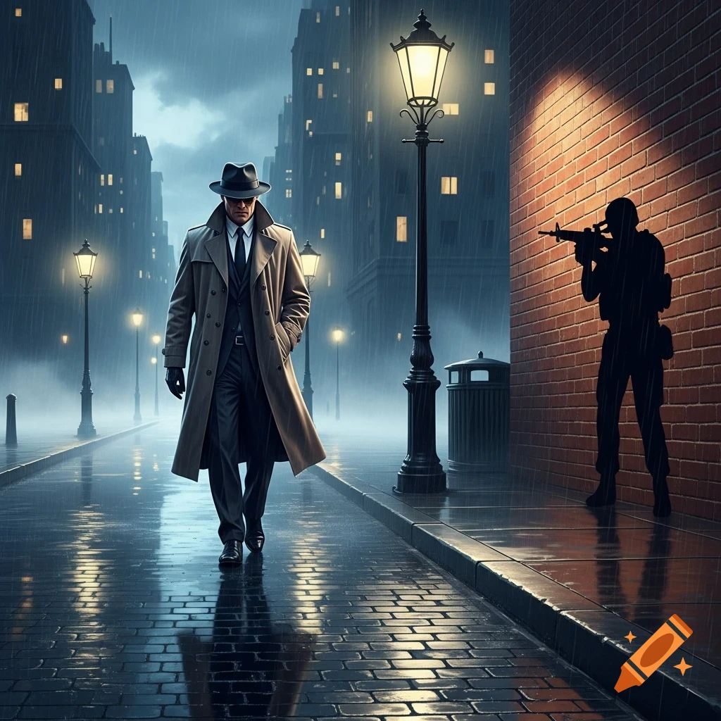A man in a trench coat walks down a wet, rainy city street at night, with an armed silhouette hiding behind a brick wall.