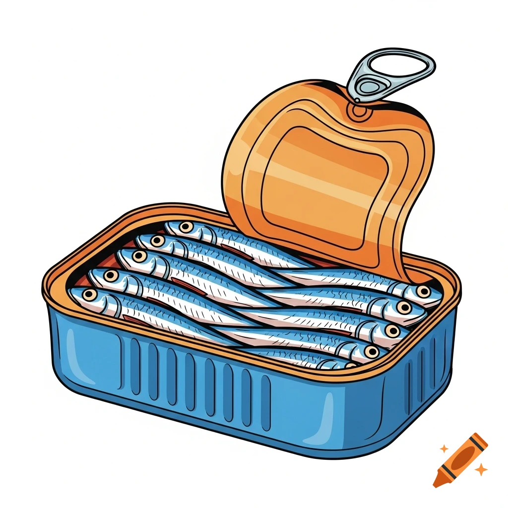 Pop art illustration of an open blue tin of sardines with an orange lid, isolated on a white background.