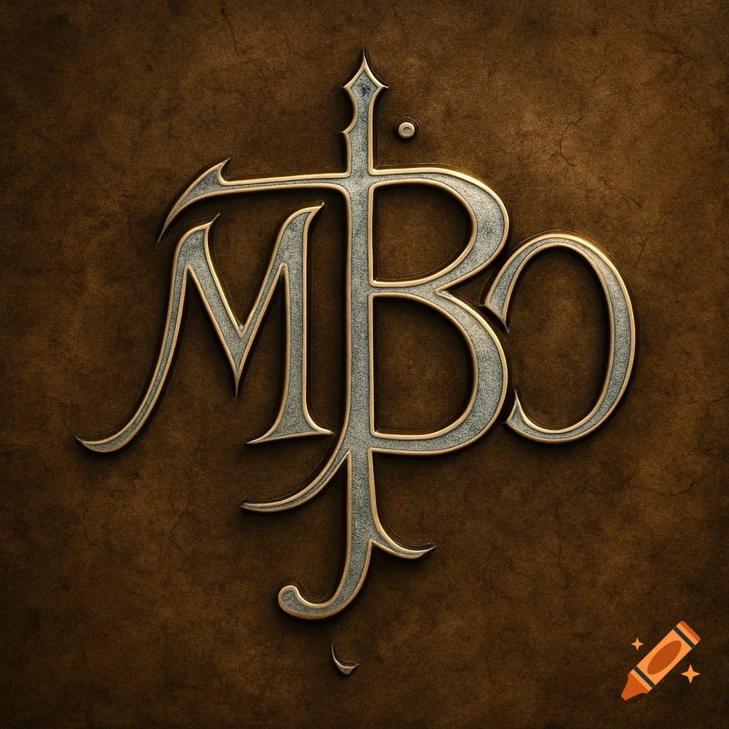 Stylized metallic monogram 'MBO' with an ornate, rune-like design on a rich, textured brown background.