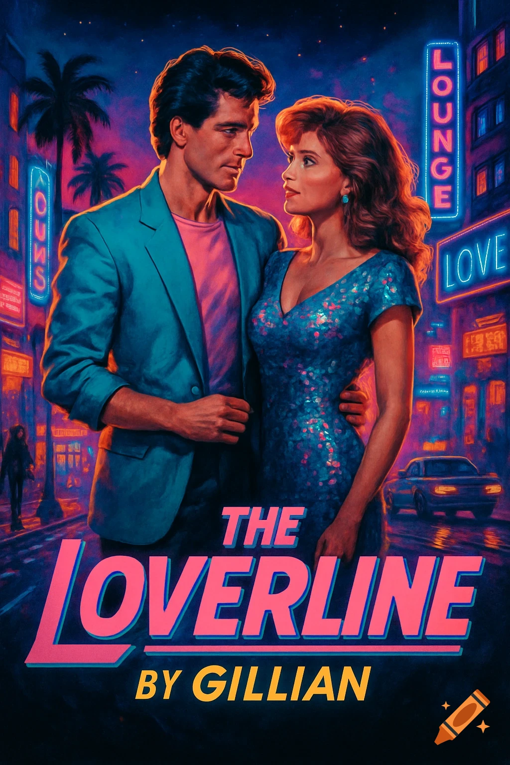 80s style movie poster art of a couple on a neon-lit city street at night, with the title 'THE LOVERLINE BY GILLIAN'.