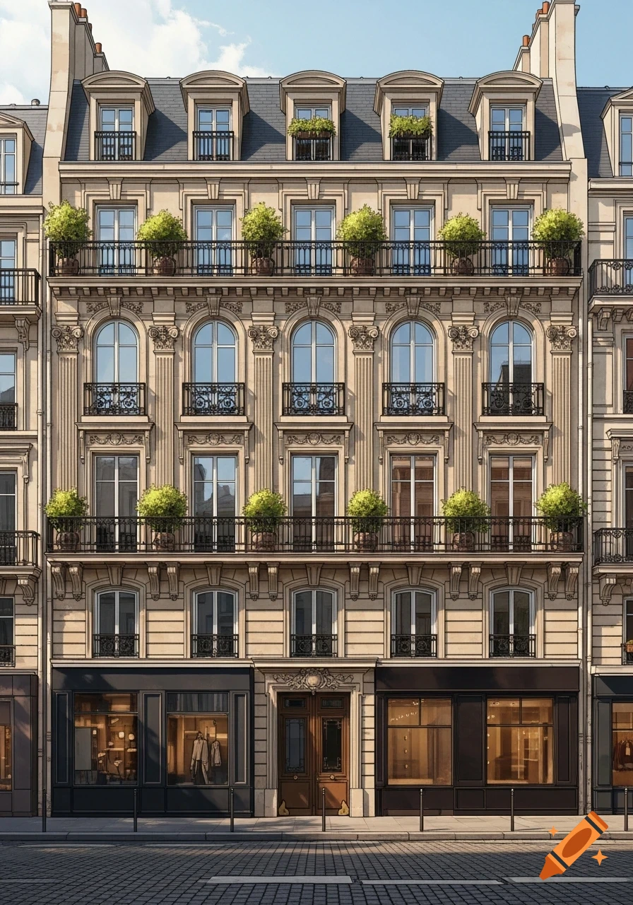 A detailed view of a Parisian Haussmann style townhouse with balconies, potted plants, and ground-floor shops.