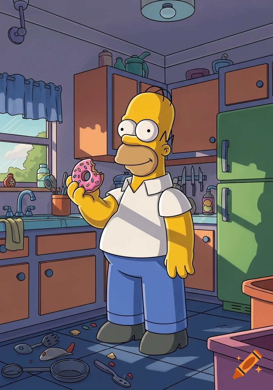 Homer Simpson in a messy cartoon kitchen, holding a half-eaten pink ...