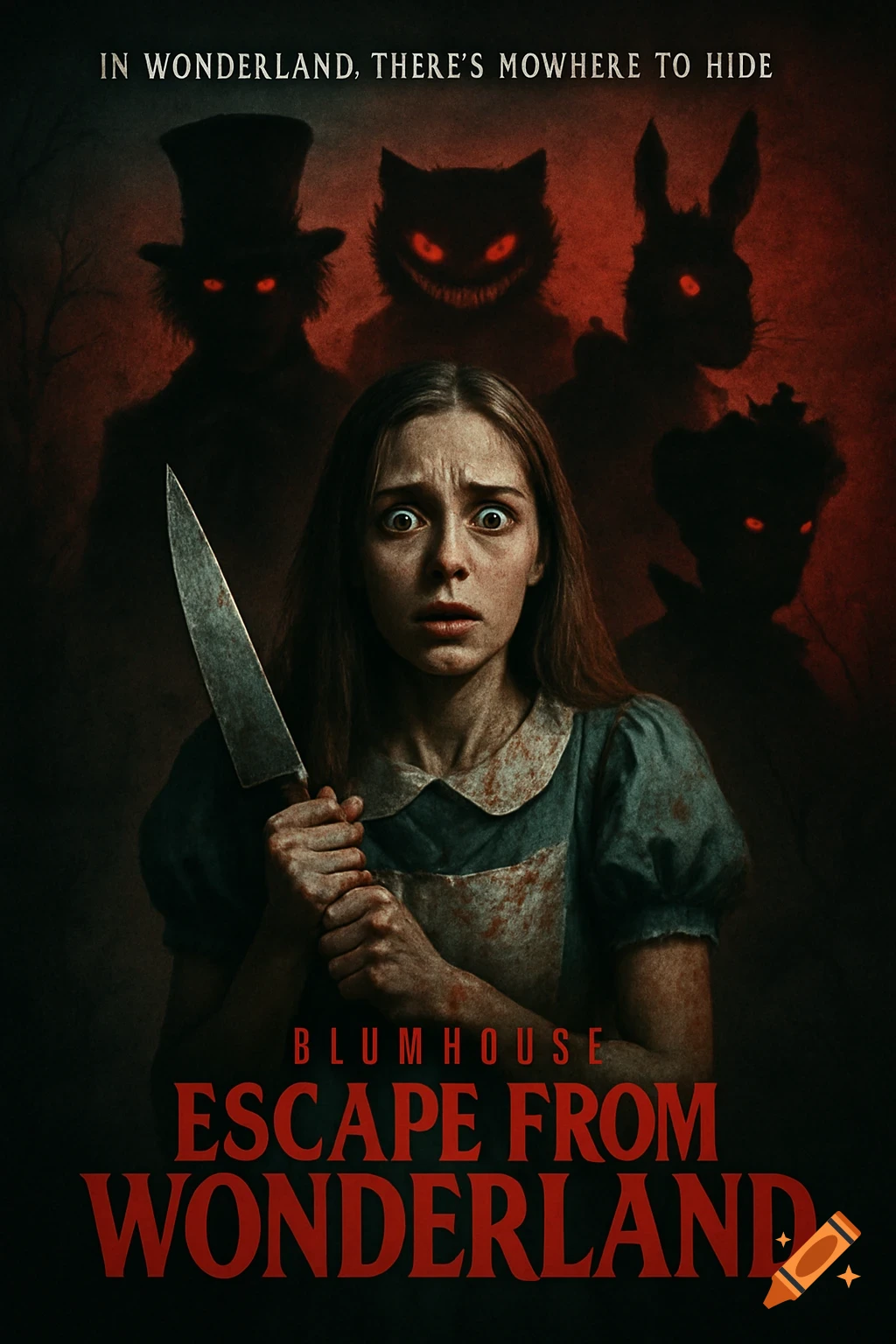 Dark horror movie poster showing a terrified Alice holding a bloody knife, with shadowy figures of the Mad Hatter, Cheshire Cat, and other Wonderland characters with glowing red eyes in the background. The title reads "Blumhouse: Escape from Wonderland".