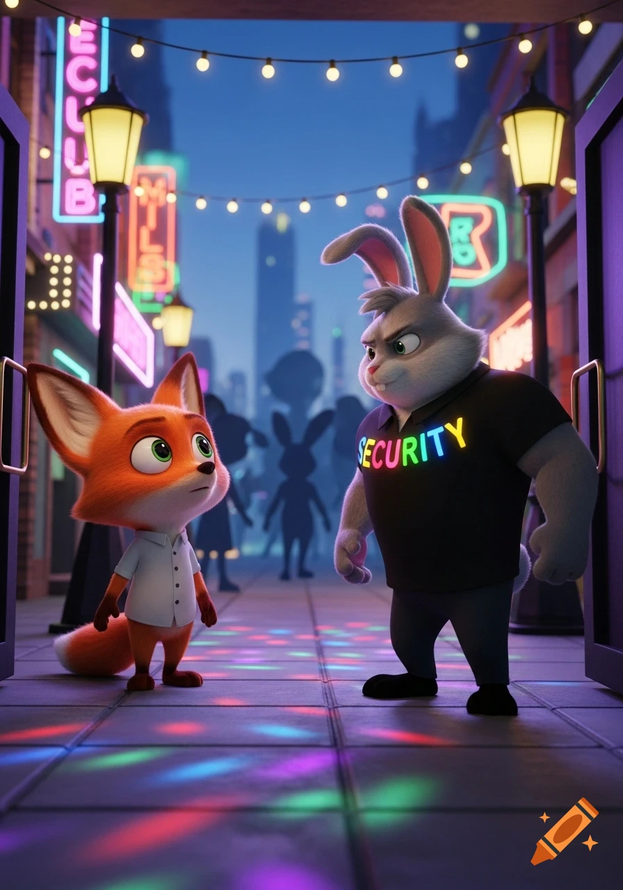 A cute orange fox looks up at a stern grey bunny bouncer at night outside a club, with neon signs and colorful floor lights, in 3D cartoon style.