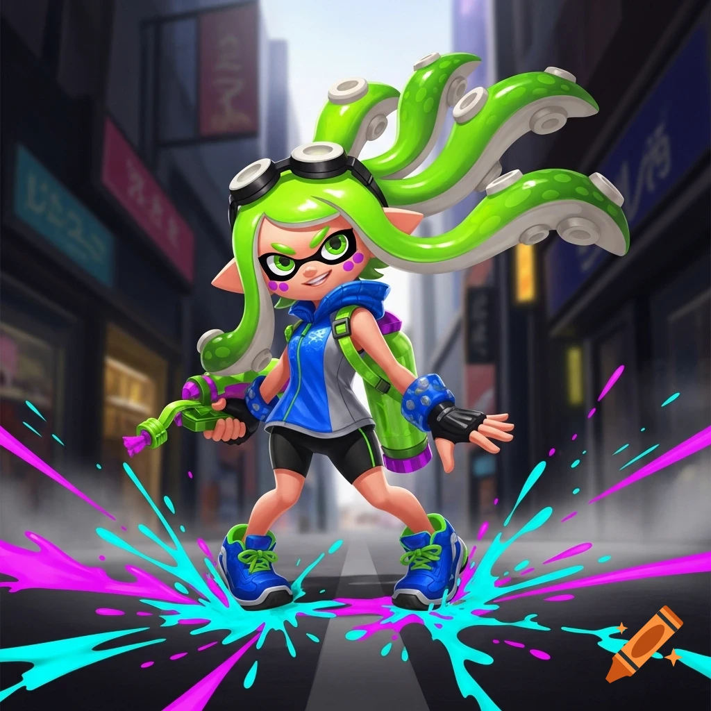 A stylized green-haired Splatoon character with goggles, holding a neon green weapon, stands in a city street amidst pink and blue ink splashes.
