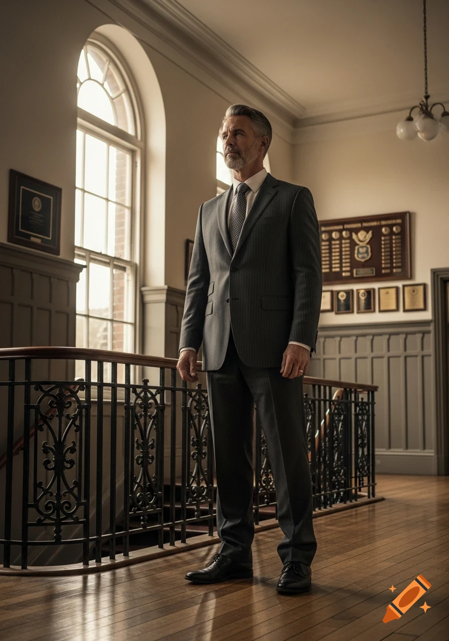 A distinguished man with gray hair and a beard stands in a pinstriped suit in a sunlit hallway with a large arched window and ornate railings.