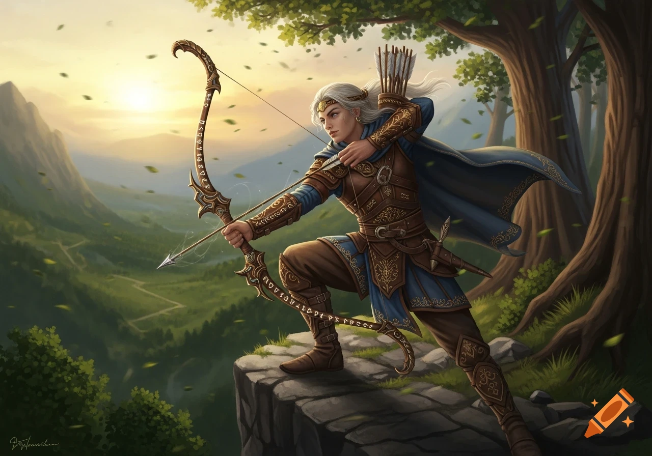 An elf-like archer with white hair, in intricate leather and blue armor, draws a bow on a cliff overlooking a lush valley at sunset.
