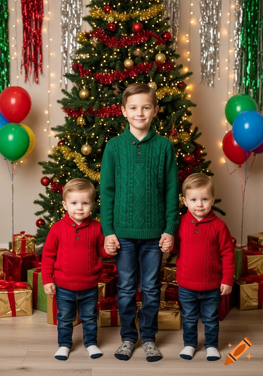 Three brothers, an older boy in green and two younger toddlers in red, stand in front of a decorated Christmas tree with presents and balloons in a photorealistic style.