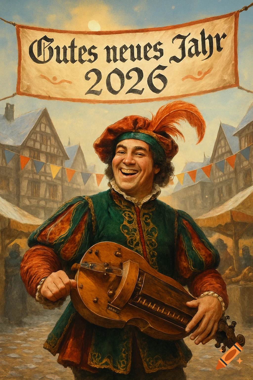 A smiling hurdy-gurdy player in medieval clothes stands in a festive market under a banner reading 'Gutes neues Jahr 2026' in a painterly style.