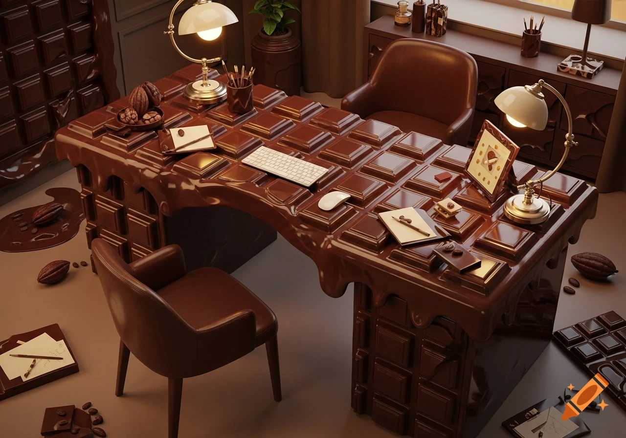 A photorealistic chocolate bar themed office desk, with melting chocolate details and office supplies made of chocolate, in a brown-toned room.