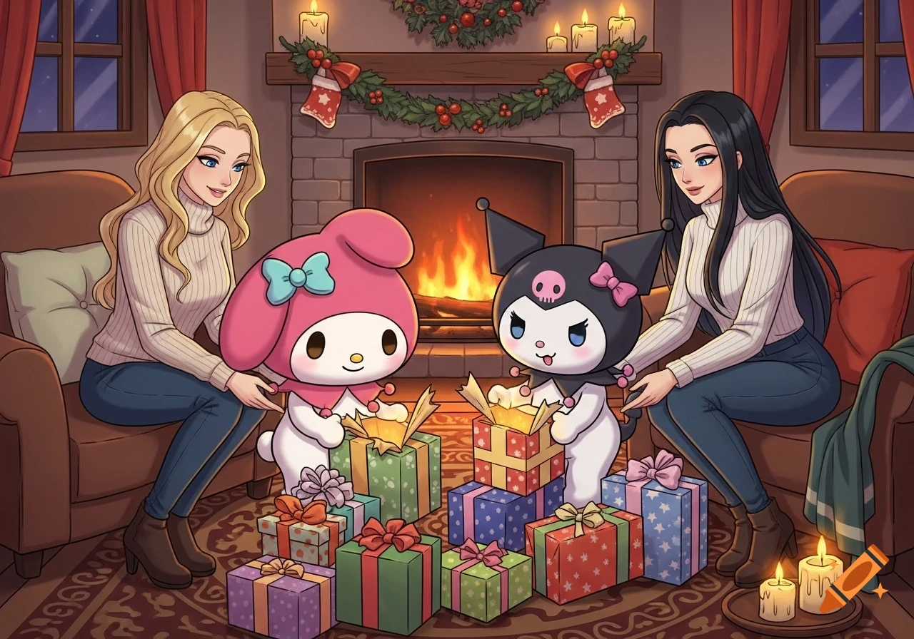 Two women, My Melody, and Kuromi open Christmas presents in a cozy living room with a decorated fireplace in an anime style.