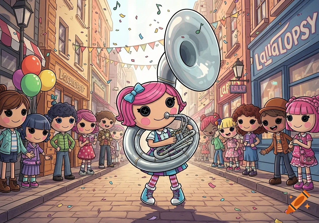 A pink-haired cartoon doll plays a sousaphone in a festive street filled with confetti, surrounded by other button-eyed dolls and shops.