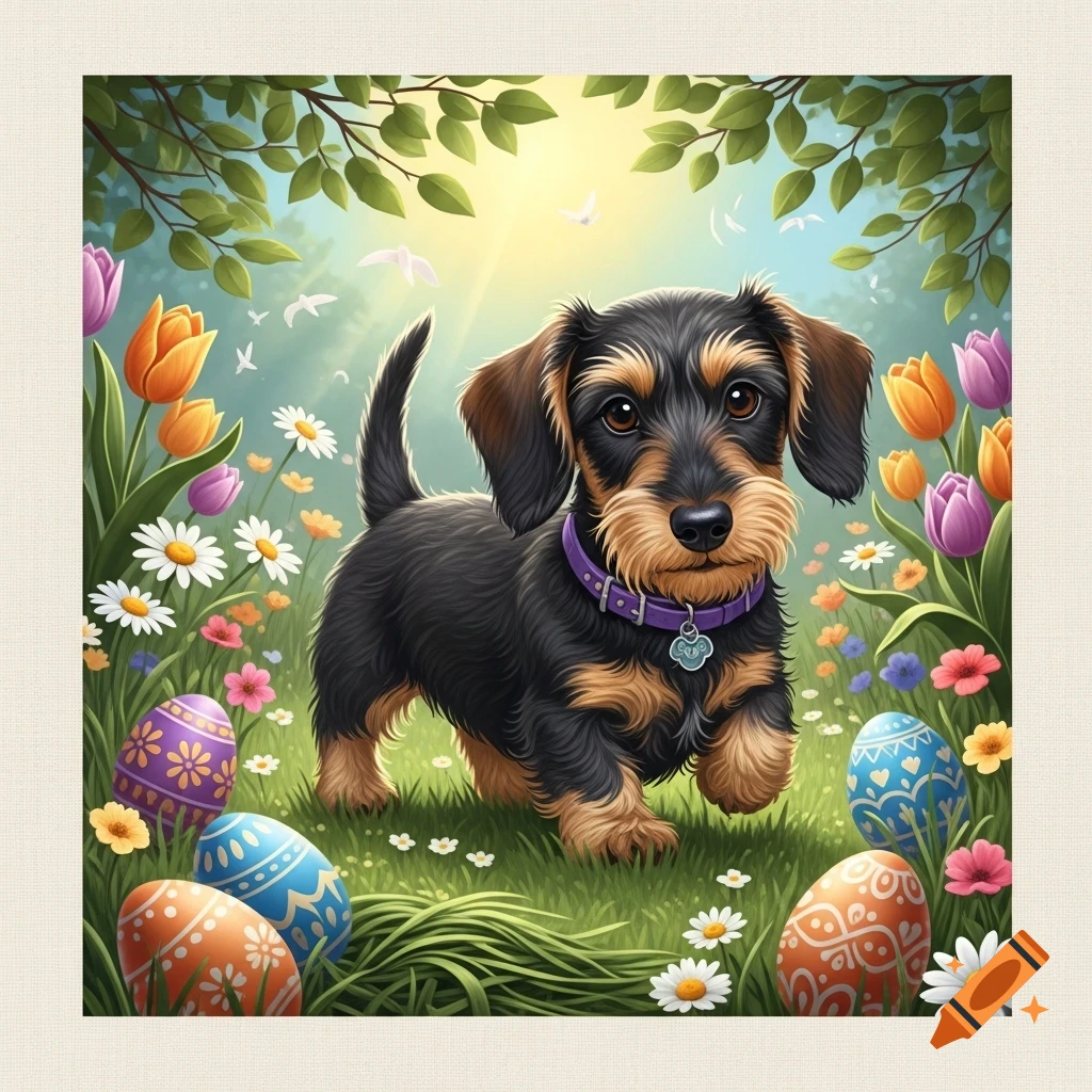 A cute wire-haired dachshund puppy walks in a vibrant green field among colorful spring flowers and decorated Easter eggs.