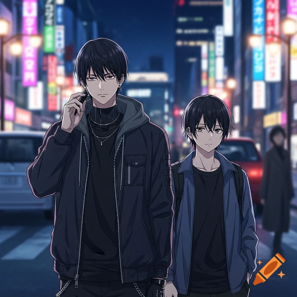 Two anime boys walk on a neon-lit city street at night; one talks on a phone while the other walks beside him.