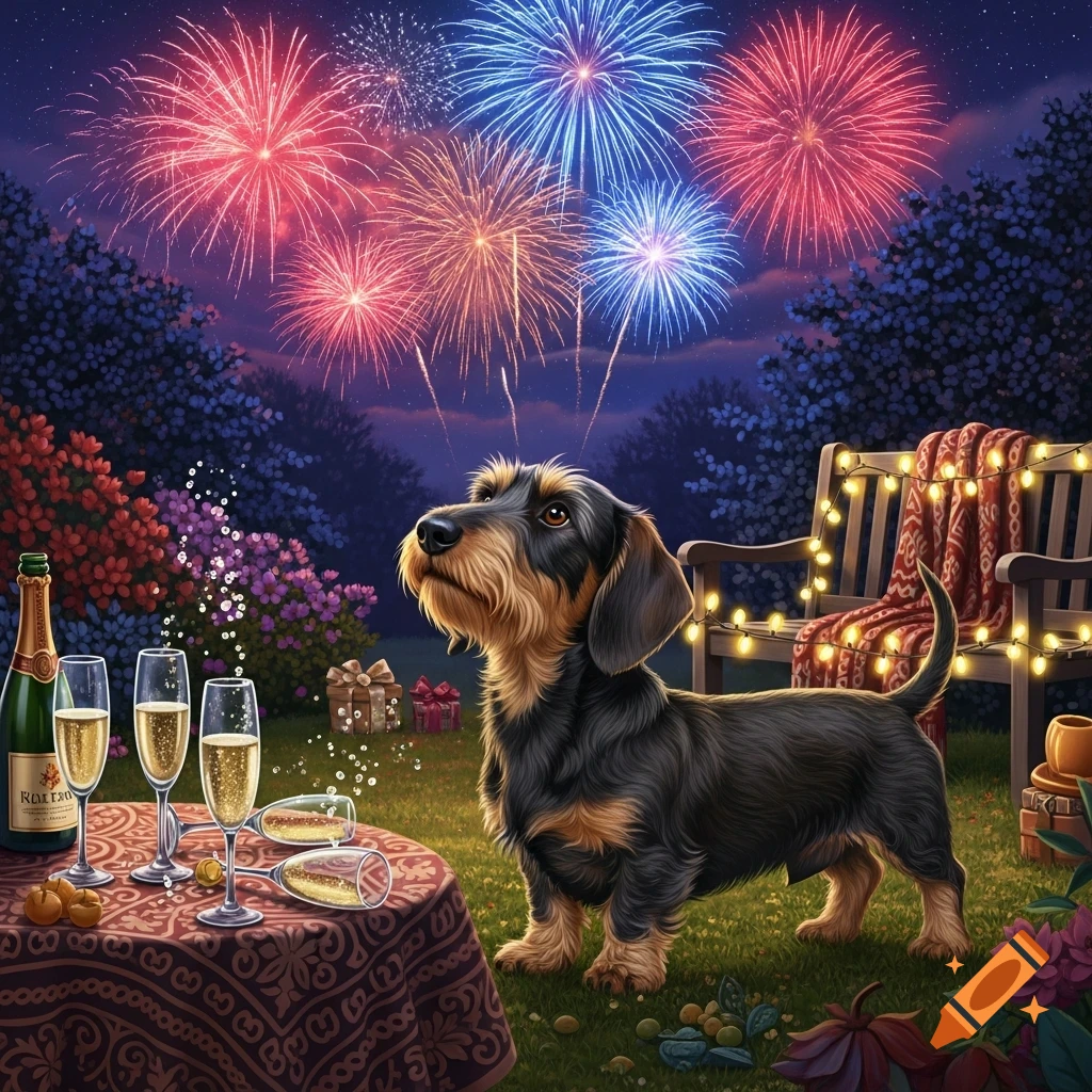 A wire-haired dachshund watches colorful fireworks in a garden with champagne glasses on a table and a bench with string lights.