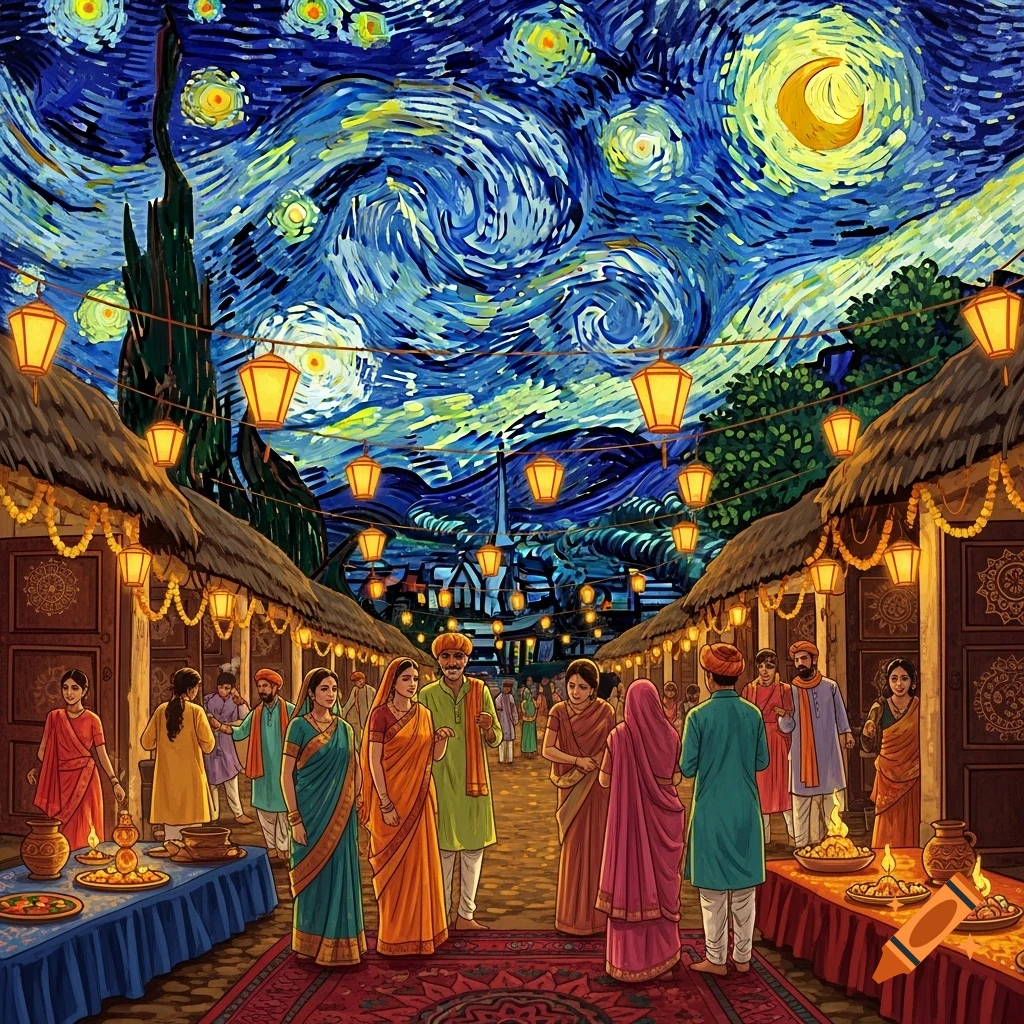 A vibrant Indian village festival at night, painted in Van Gogh's Starry Night style, featuring people, lanterns, and decorated stalls under a swirling moonlit sky.