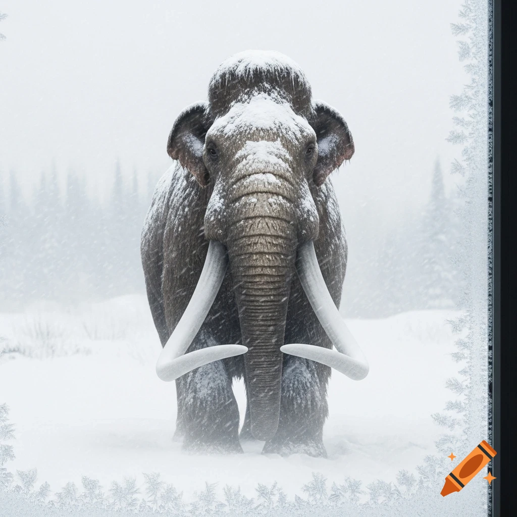 Photorealistic woolly mammoth standing in a snowy blizzard, viewed through a frosted window.