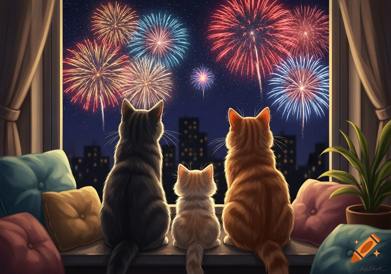 Three cats sit on a window sill with their backs to the viewer, watching colorful fireworks explode over a city skyline at night.