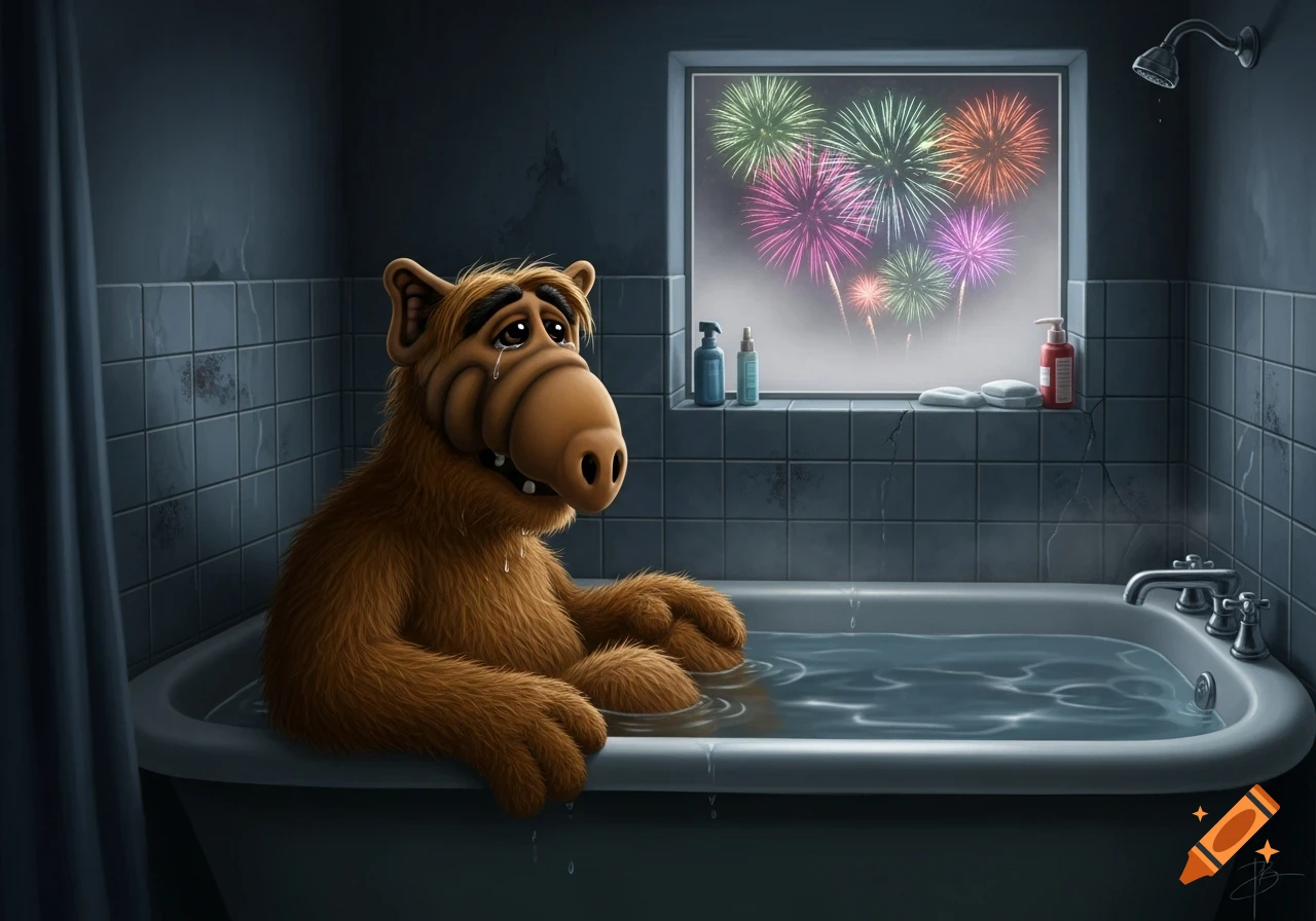 Alf the alien character sits crying in a dark bathtub, looking out a window at vibrant fireworks.