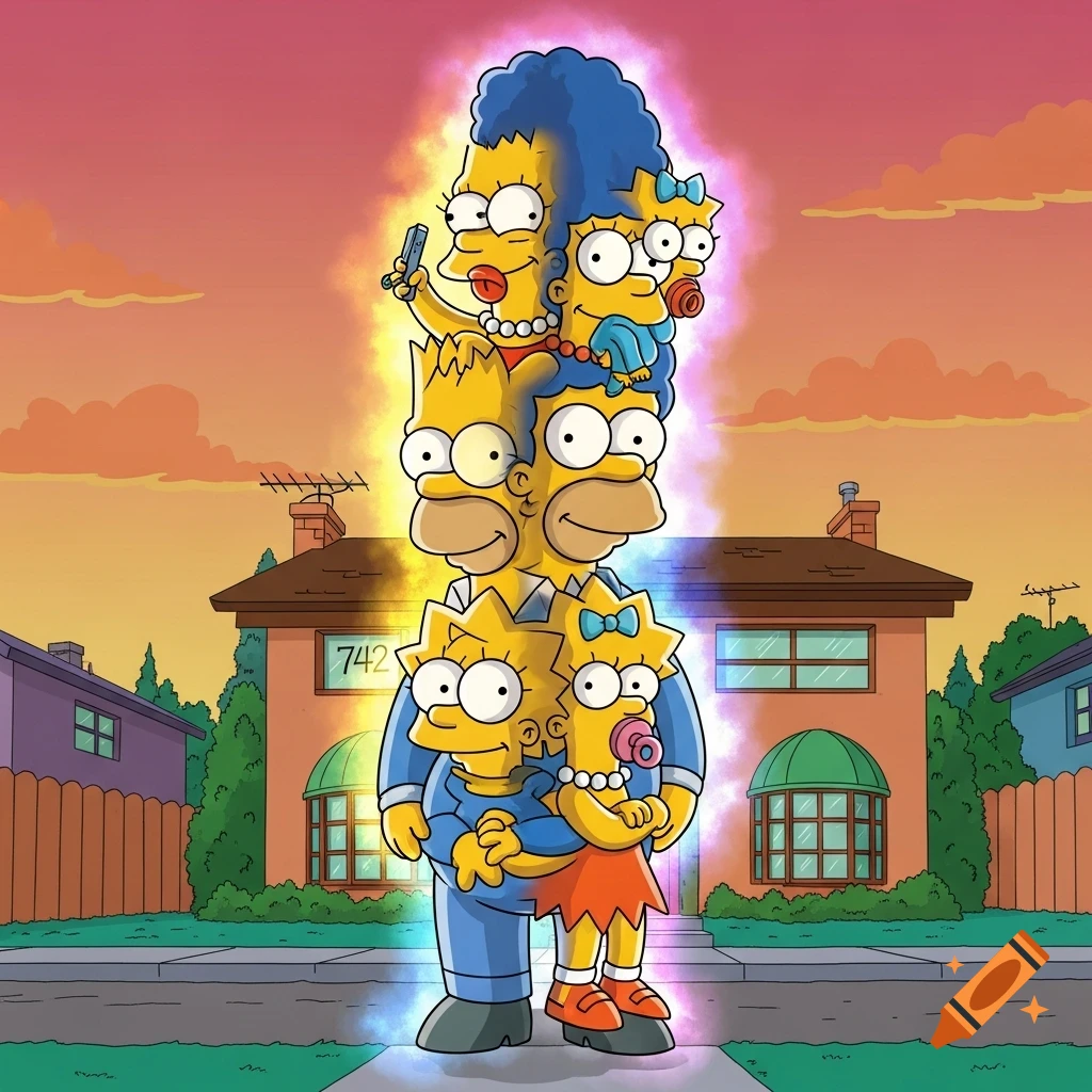 The Simpsons family stacked into one tall figure, with Marge, Bart, Homer, Lisa, and Maggie, in front of their house at sunset, in a classic cartoon style.