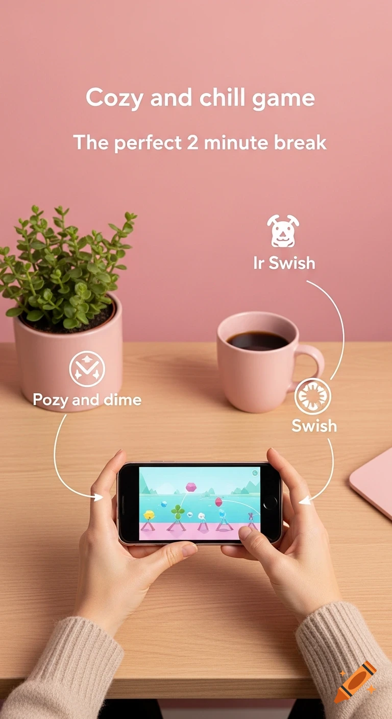 A flat lay image of hands holding a smartphone displaying a colorful game. A plant and a coffee mug sit on a wooden desk with a pink background. Text overlays promote a "Cozy and chill game" as "The perfect 2 minute break."