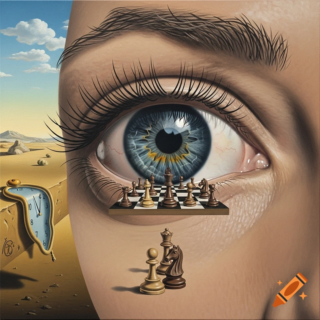 A surrealist oil painting inspired by Dalí shows a large eye reflecting a chessboard, with a melting clock in a desert background.