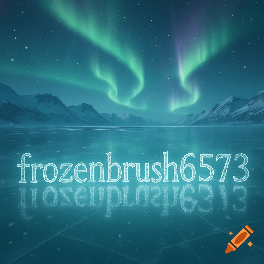 Aurora borealis over a snowy mountain landscape and a frozen lake with the text "frozenbrush6573" reflected on the ice.