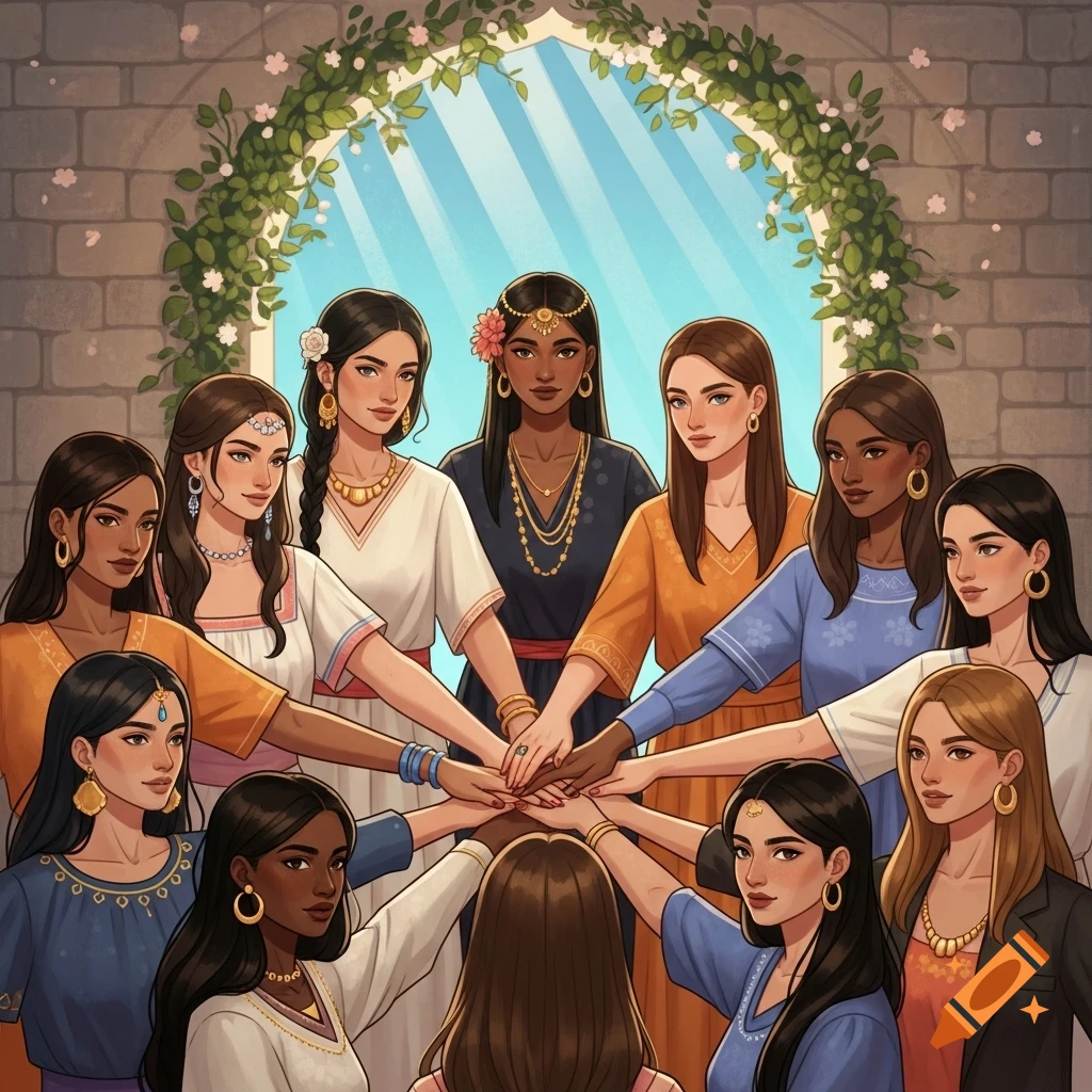 Illustrated group of diverse women in traditional attire stacking hands in a circle under a floral archway.