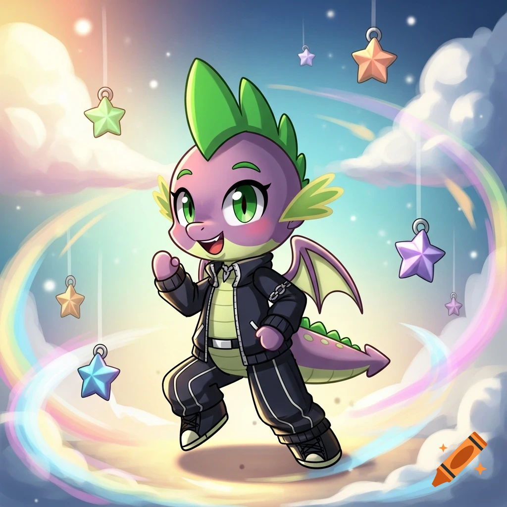 A chibi-style Spike the dragon from My Little Pony in a black jacket, walking through a magical sky with stars and a rainbow.