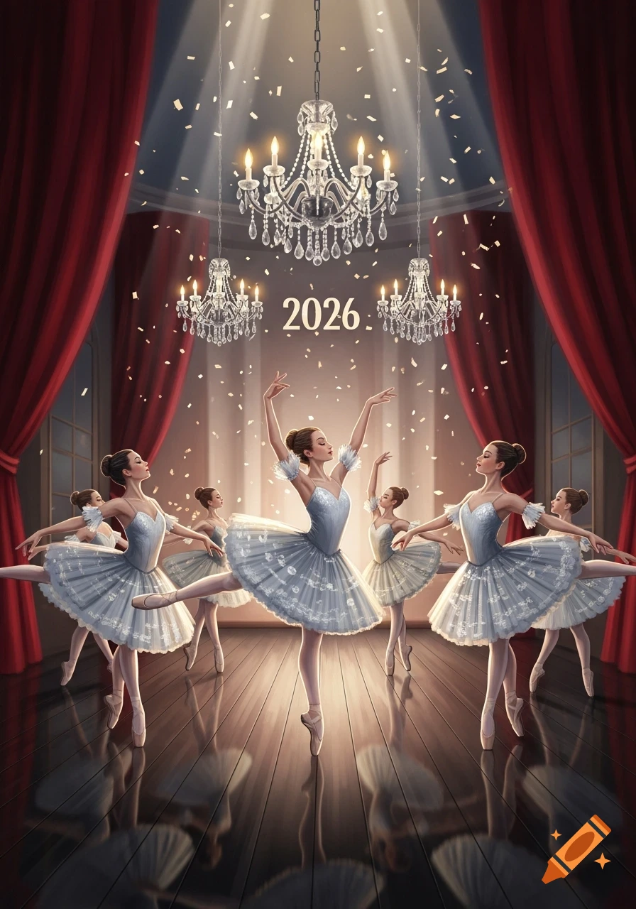 Ballerinas dance on a reflective stage under chandeliers with confetti and '2026' sign, red curtains framing the scene.