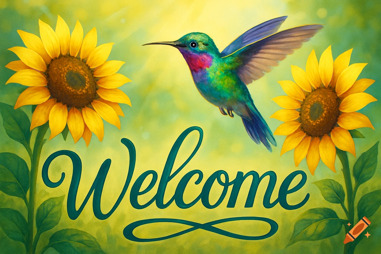 A colorful hummingbird with green, blue, and pink feathers flies above the word "Welcome", flanked by two bright yellow sunflowers in an illustrative style.