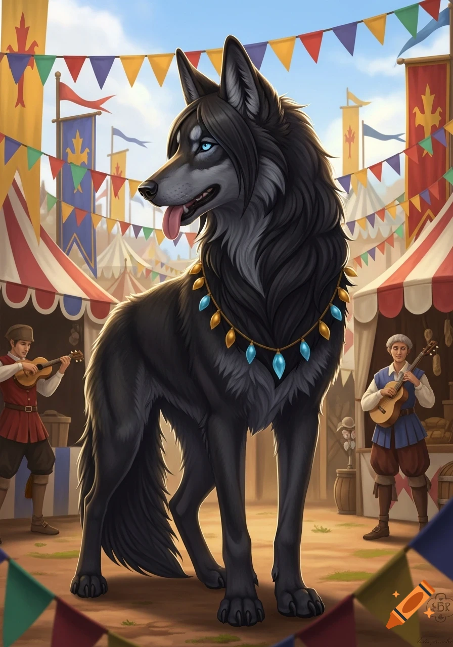 A large black wolf-like creature with blue eyes and a jeweled collar stands at a vibrant Renaissance festival with tents and musicians.
