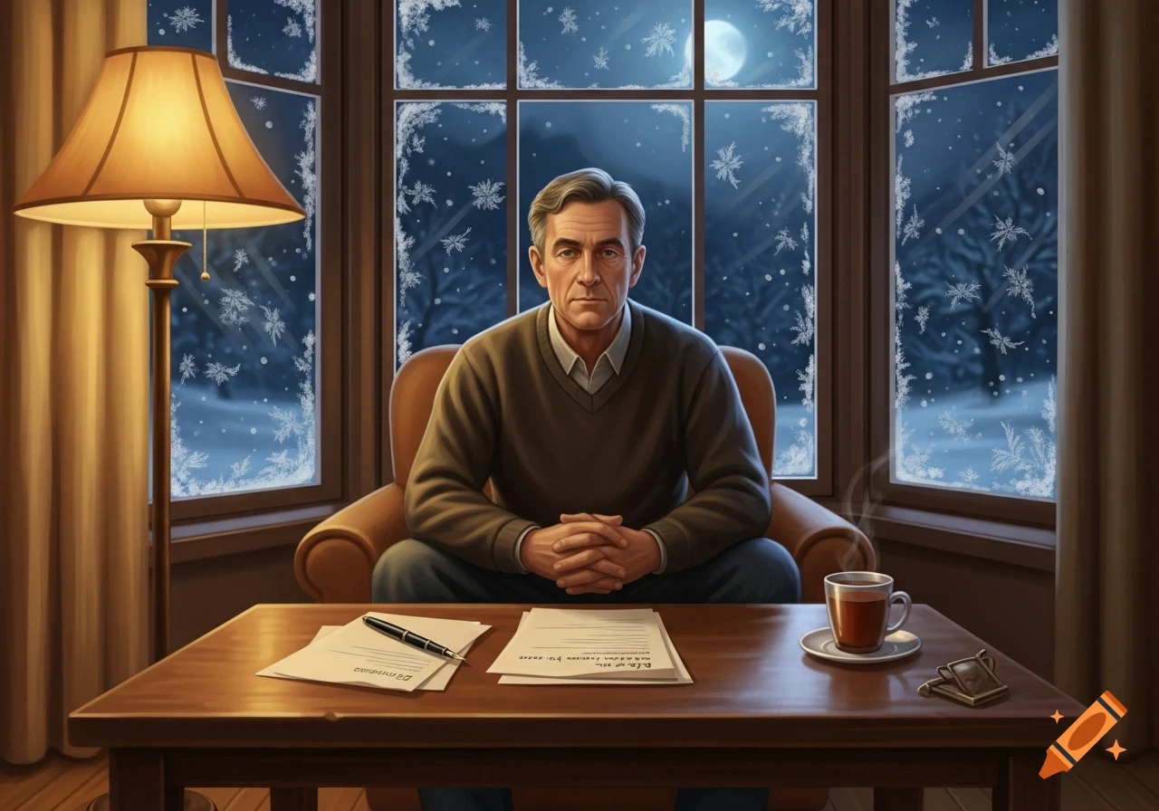 A man sits contemplatively in an armchair at a table with papers, looking out a frosted window at a snowy, moonlit night.